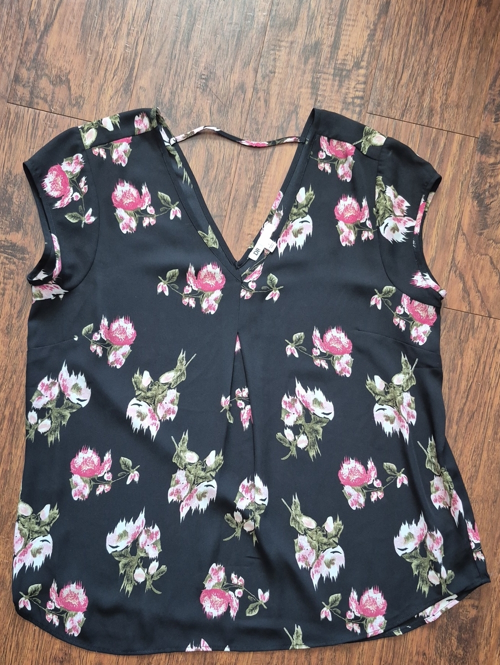 DR2 Black V-Neck Blouse with Pink Floral Print